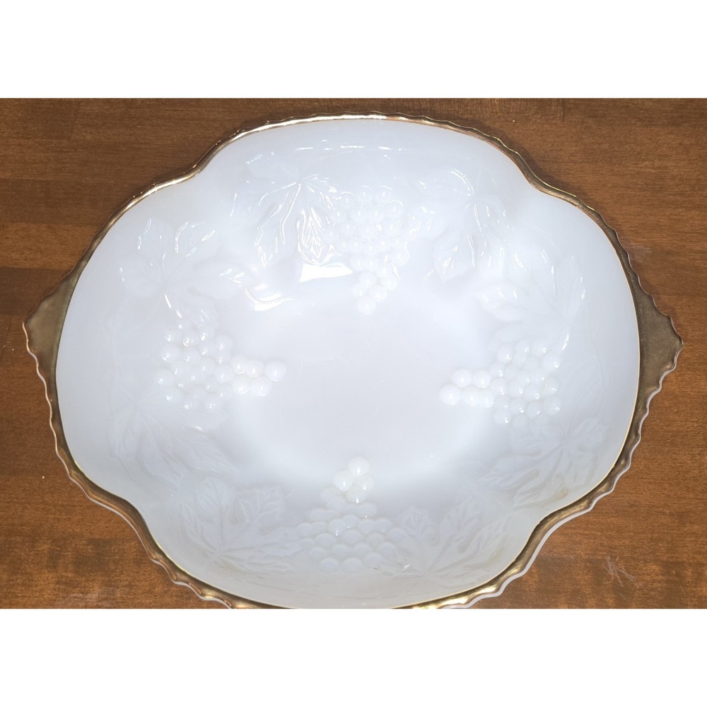 Vintage Anchor Hocking white milk glass bowl grape and leaf pattern gold trim.
